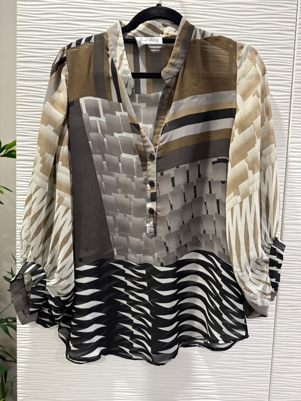 Joseph Ribkoff Geometric Sheer Button-Front Blouse - no size tag. PTP 20”